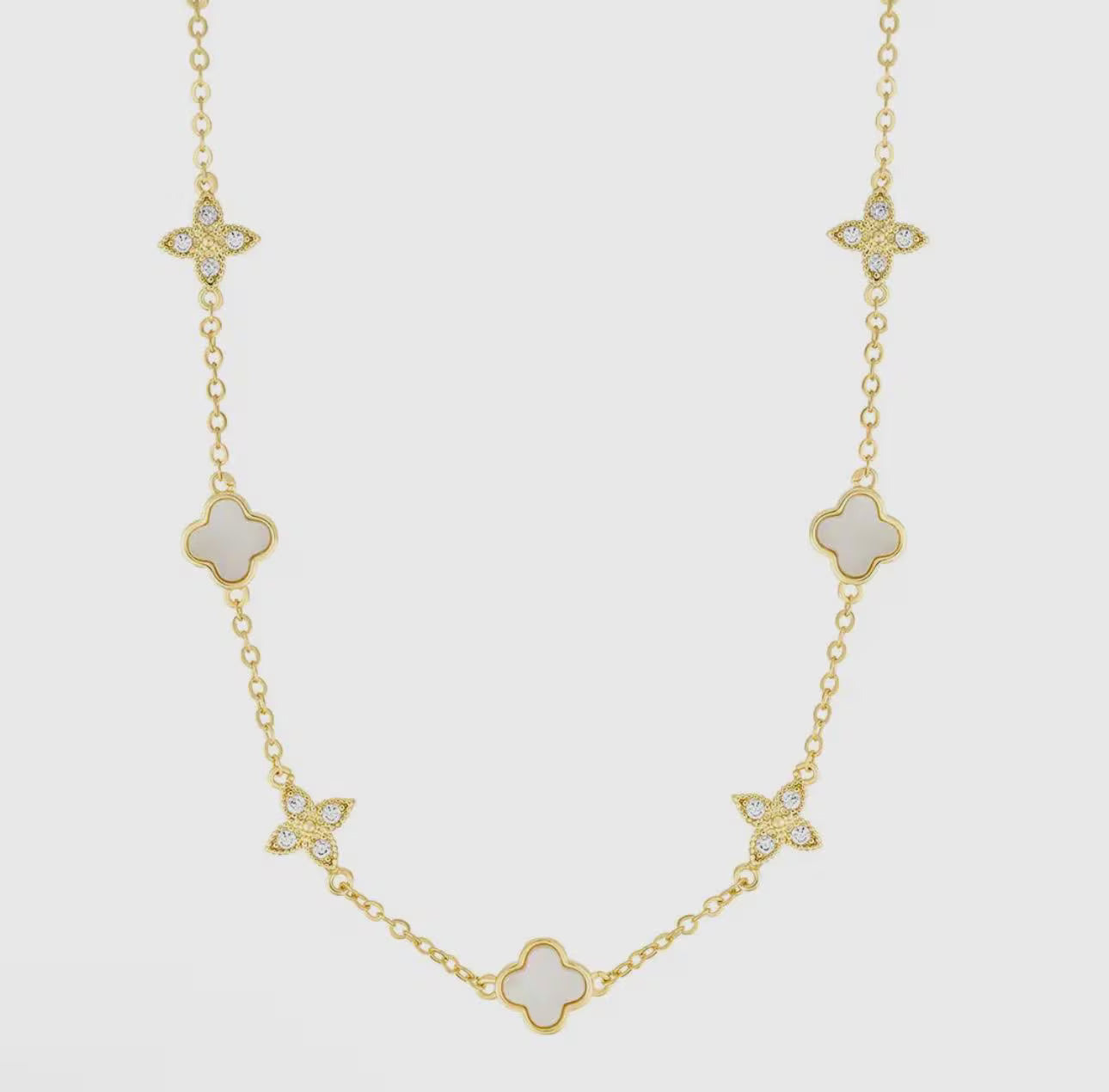 14k Gold Plated Mother of Pearl Clover Station Necklace