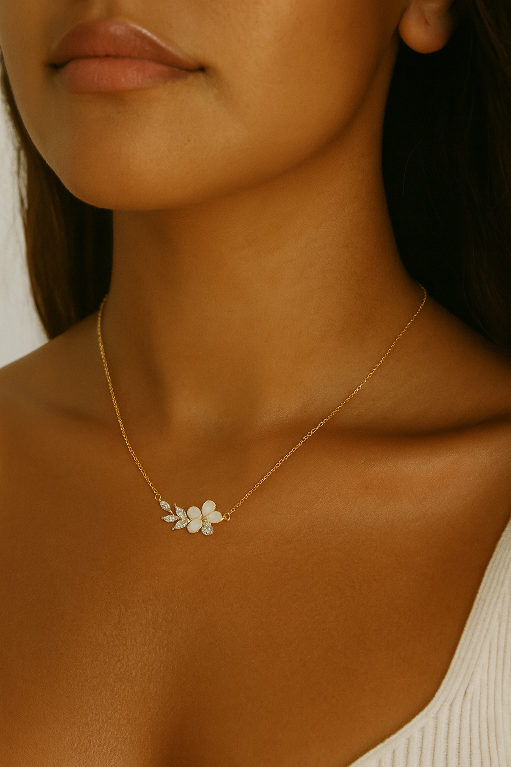 14k Gold Plated Crystal Flower Branch Leaf Necklace