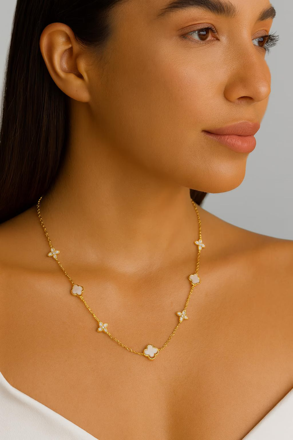 14k Gold Plated Mother of Pearl Clover Station Necklace