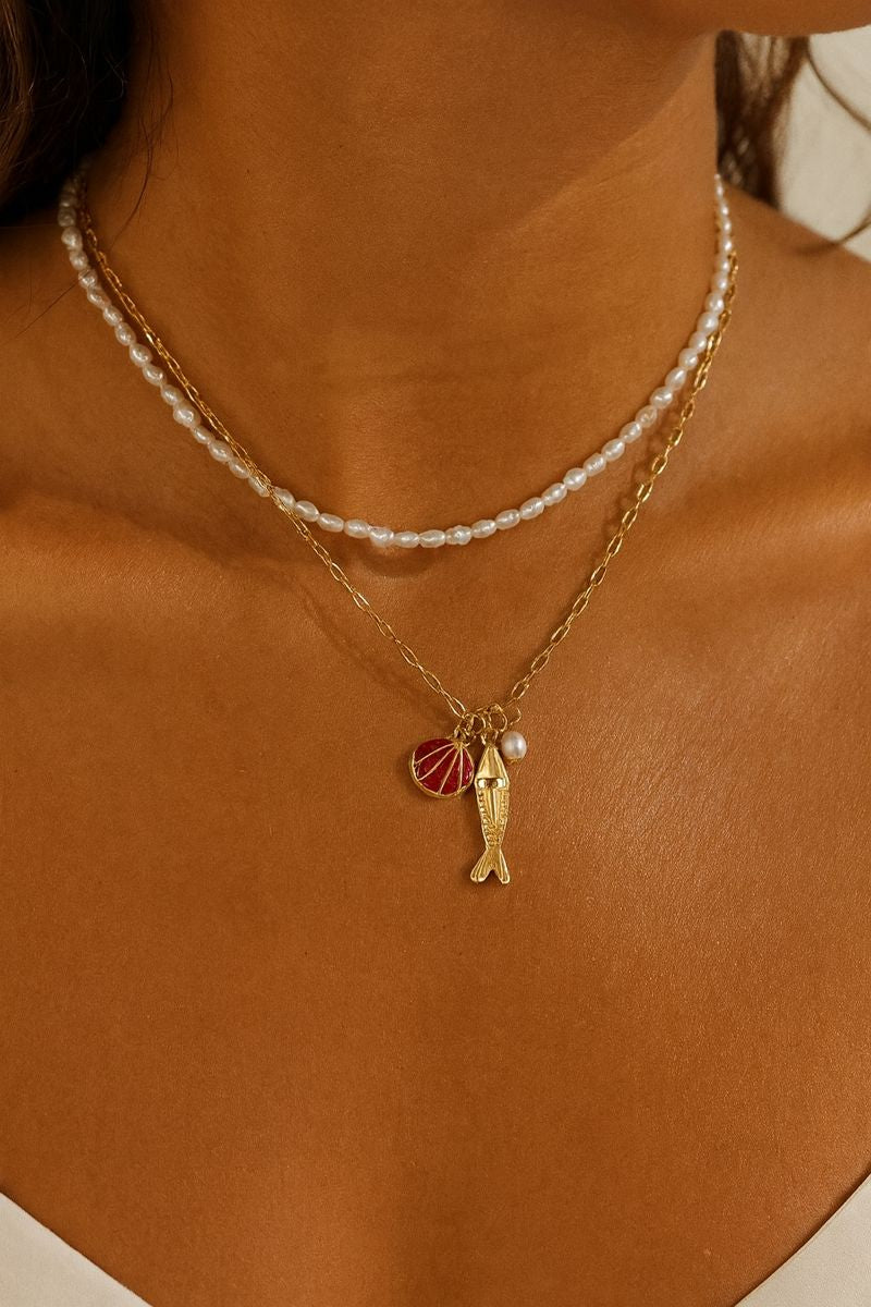 Sea Life Layered Pearl & Fish Charm Necklace