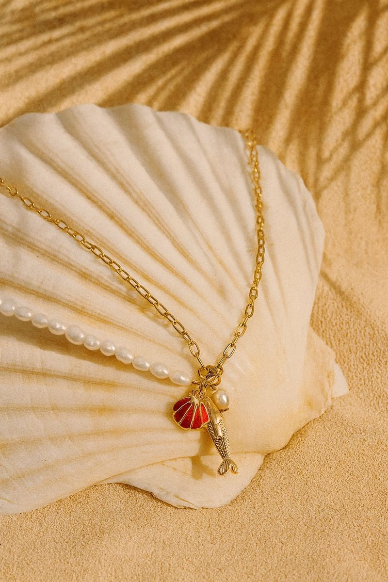 Sea Life Layered Pearl & Fish Charm Necklace