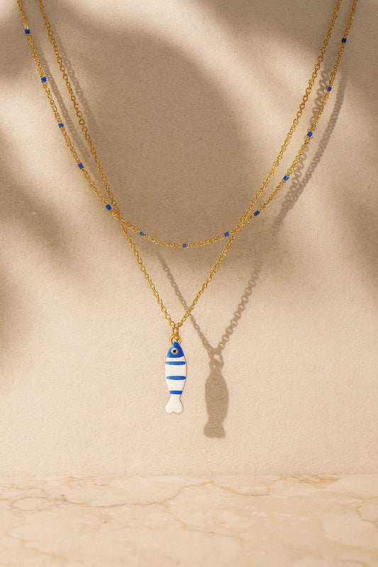 Layered Sea Life Marine Blue Fish Necklace