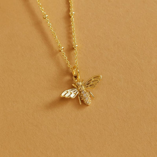 18k Gold Bee Charm Necklace Dainty Beaded Chain