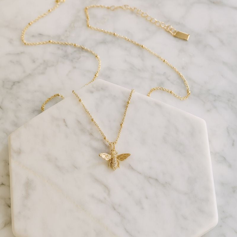 18k Gold Bee Charm Necklace Dainty Beaded Chain