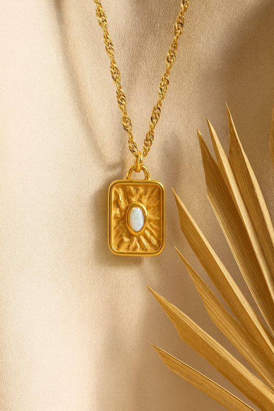18K Non-Tarnish Rectangle Stone Sun Necklace