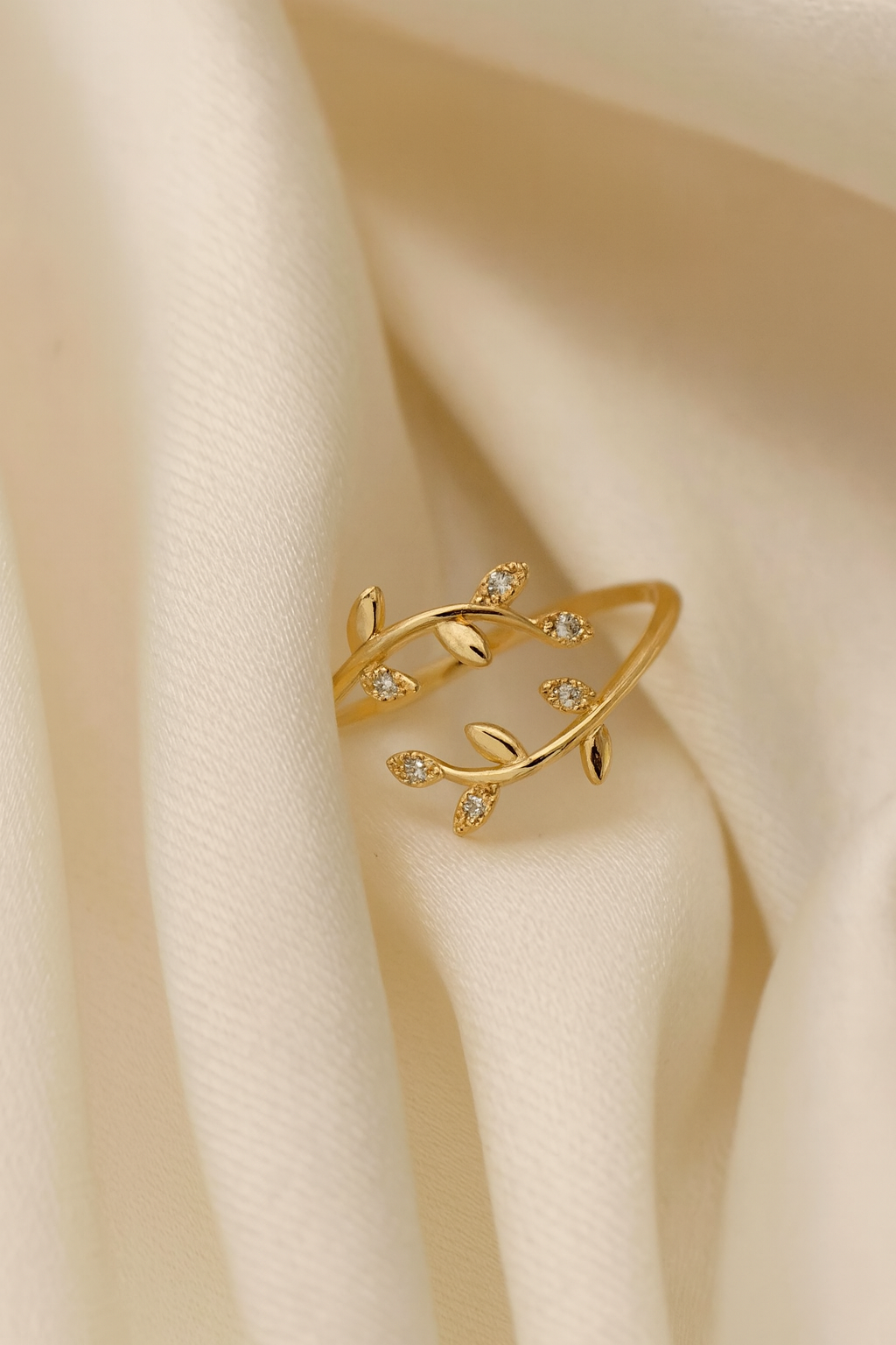 Olive Vine Leaf Adjustable Ring Crystal Cubic Zirconia