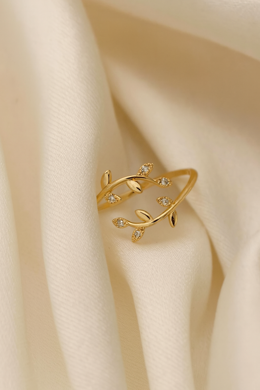 Olive Vine Leaf Adjustable Ring Crystal Cubic Zirconia