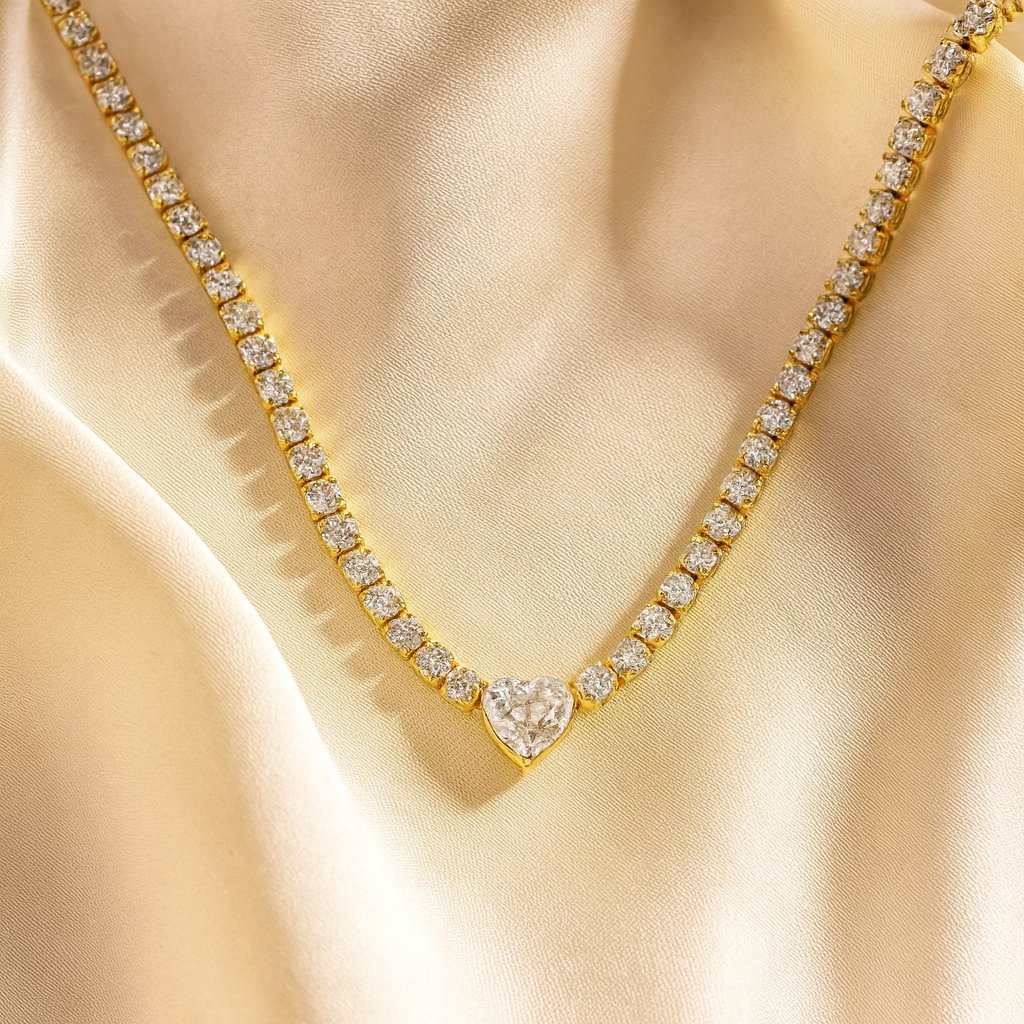 14k Gold Plated Crystal Heart Tennis Chain Necklace