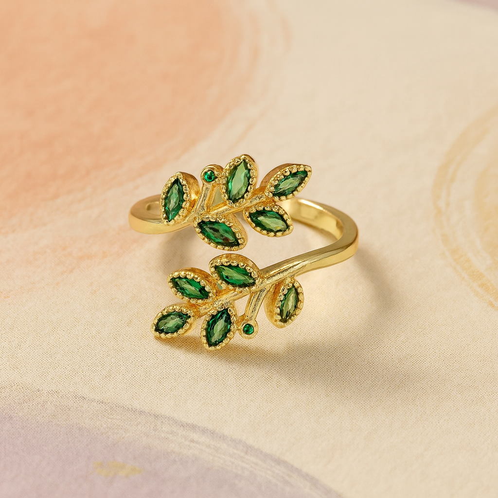 Elegant 24K Gold Nature Rosemary Leaves Adjustable Ring