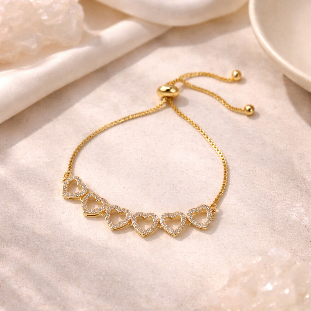 18k Gold Filled Hearts Charms Adjustable Bracelet