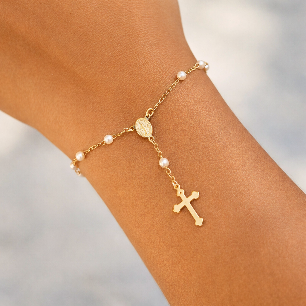 18k Gold Filled Pearl Rosary Bracelet