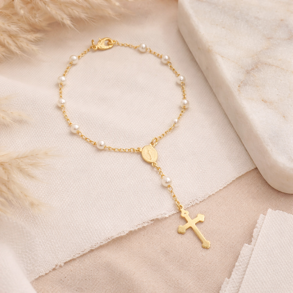 18k Gold Filled Pearl Rosary Bracelet