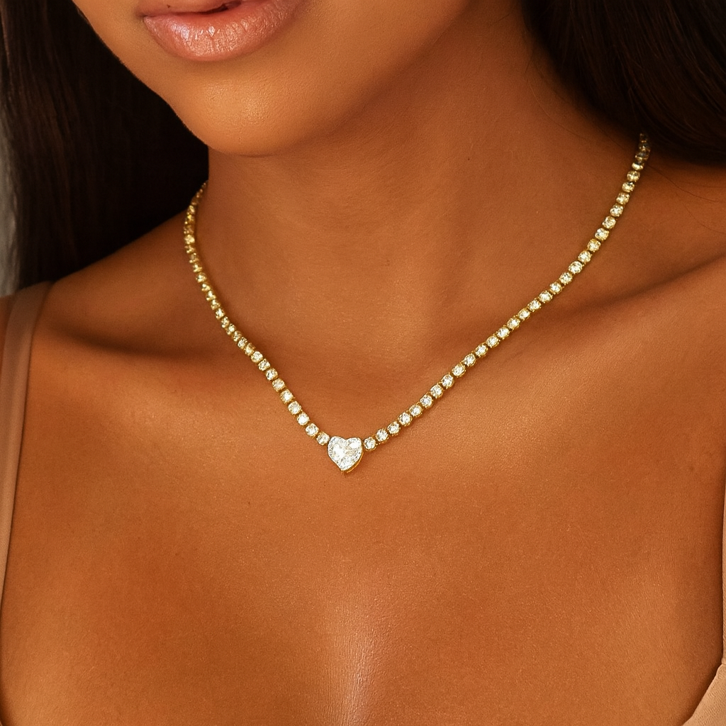 14k Gold Plated Crystal Heart Tennis Chain Necklace